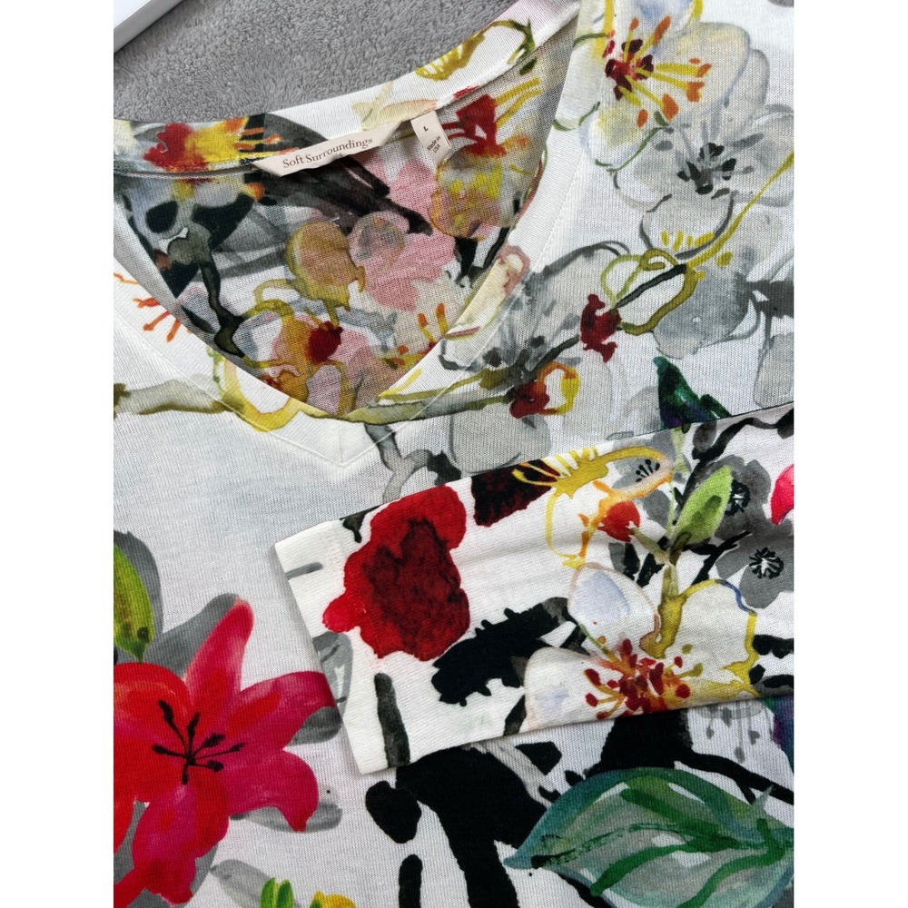 Soft Surroundings Womens Top L White Floral Print VNeck Long Sleeve Colorful